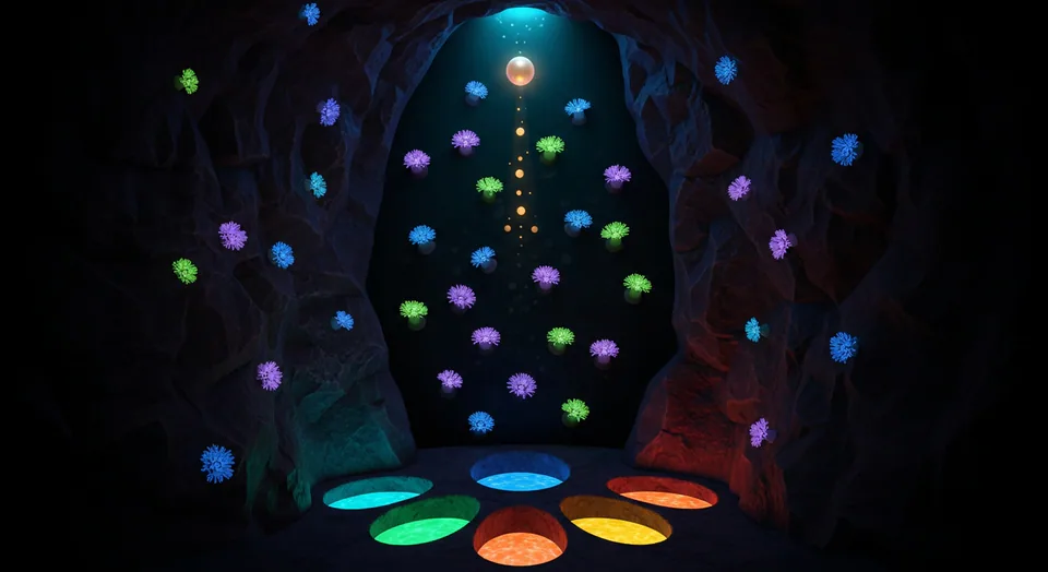 Cave Drop — a pearl falling through a bioluminescent peg cave toward prize pools