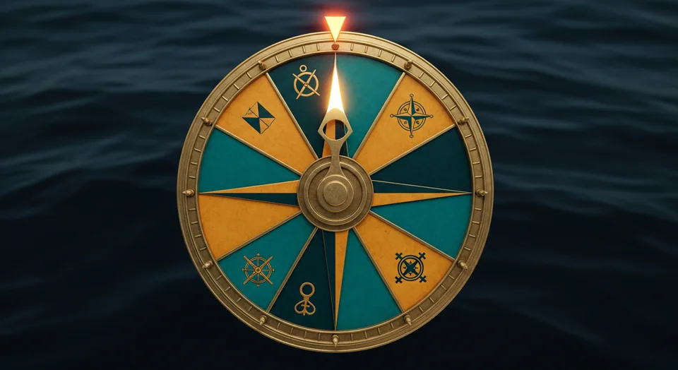 Compass Wheel — an ornate brass navigator's compass repurposed as a prize wheel