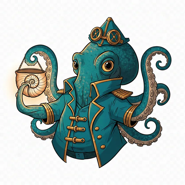 Nemo Drifter the cartographer octopus navigator, holding a glowing nautilus lantern